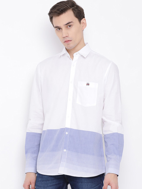 

Crimsoune Club Men White & Blue Slim Fit Colourblocked Casual Shirt