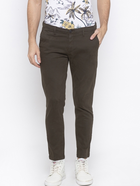 

SPYKAR Men Olive Brown Tapered Fit Solid Regular Trousers