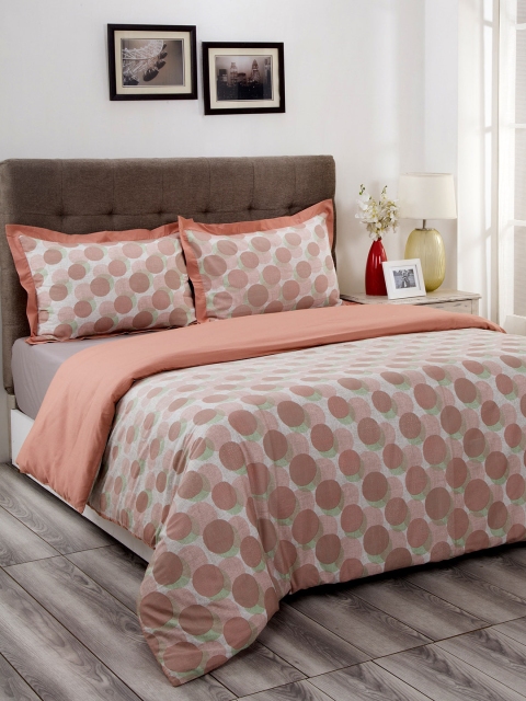 

MASPAR Peach-Coloured & White Printed 210 TC Double Bed Queen Duvet Cover With 2 Pillow Covers