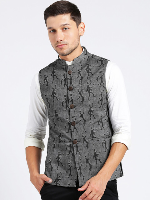 

KISAH Men Grey Printed Printed Woven Nehru Jacket