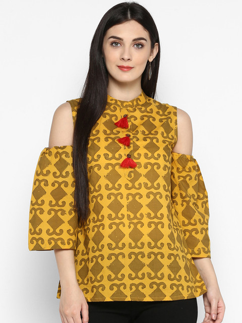 

Sringam Women Mustard Yellow Printed Cold-Shoulder Top