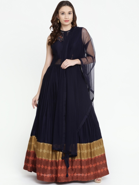 

Koskii Women Navy Blue Embellished Maxi Dress With Dupatta