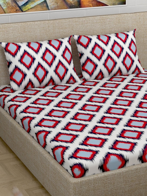 

Divine Casa White & Red Geometric 180 TC Cotton 1 Queen Bedsheet with 2 Pillow Covers