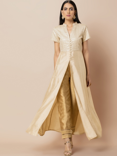 

INDYA Women Beige Woven Design A-Line Kurta