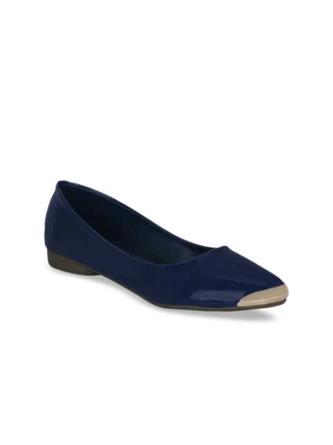 

Get Glamr Women Navy Blue & Beige Solid Synthetic Patent Ballerinas