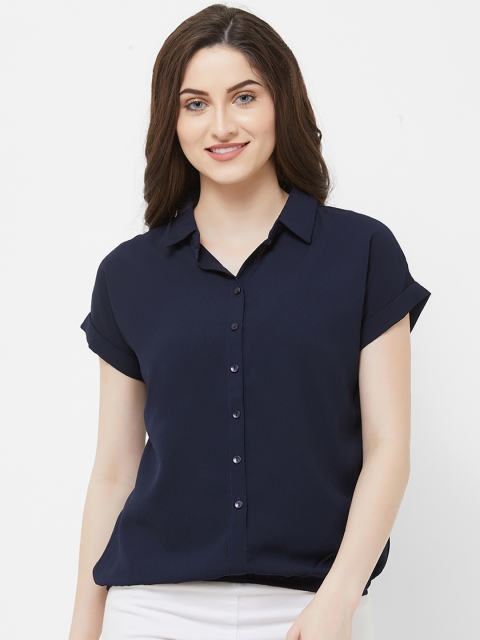 

109F Women Navy Blue Solid Shirt Style Top