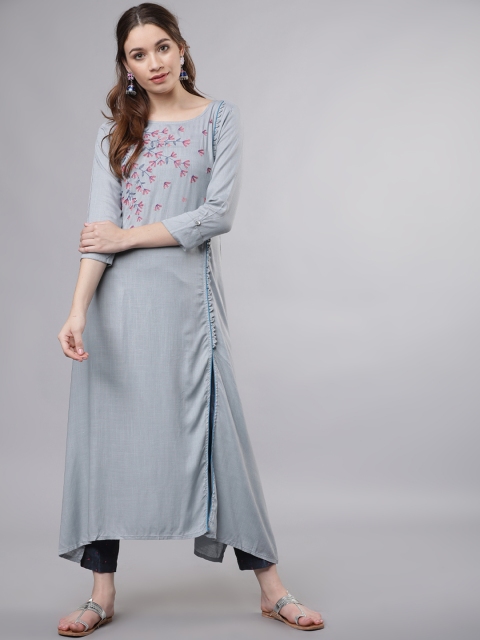 

Vishudh Women Grey Embroidered Asymmetric A-Line Kurta