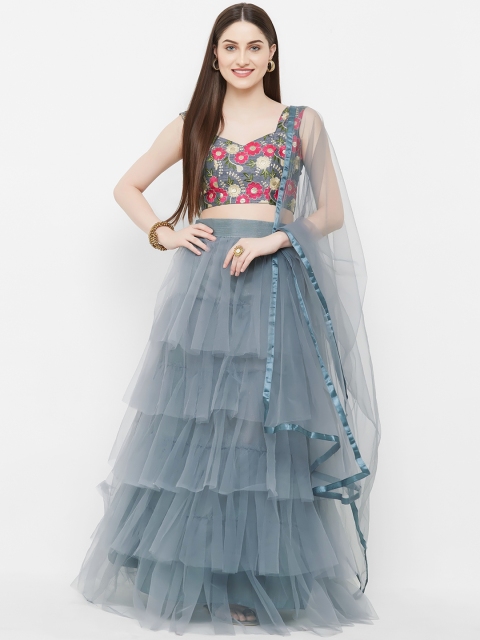 

Aasvaa Women Grey & Pink Embroidered Unstitched Lehenga & Blouse with Dupatta