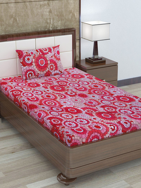 

Divine Casa Red & Pink Floral 180 TC Cotton 1 Single Bedsheet with 1 Pillow Covers