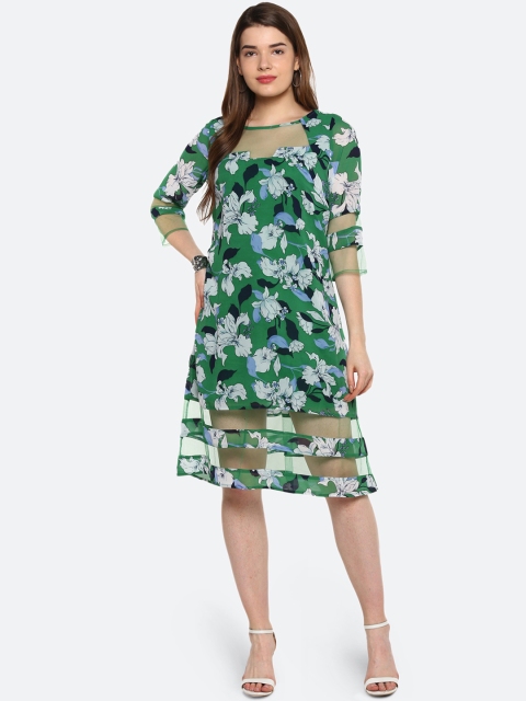 

Qurvii Plus Size Women Green Printed Fit and Flare Dress
