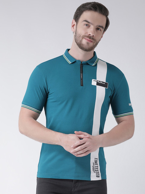 

Rex Straut Jeans Men Green Colourblocked Polo Collar T-shirt