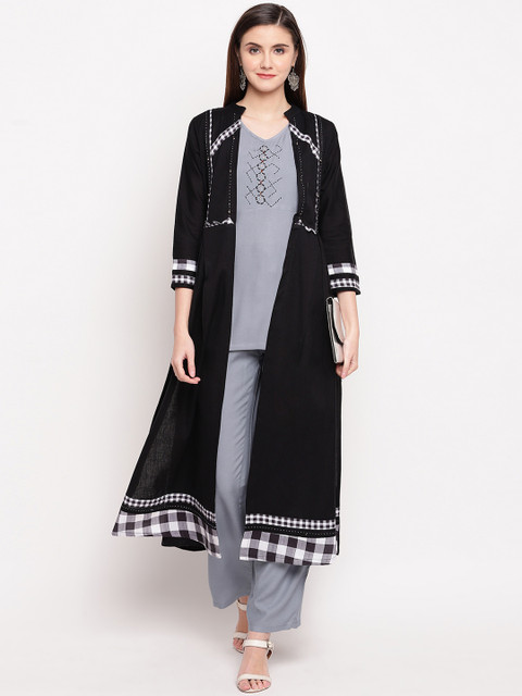 

Kvsfab Women Black & Grey Printed Kurti & Palazzos with Ethnic Jacket