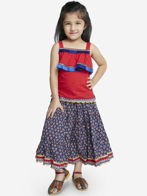 

KID1 Girls Navy Blue & Red Printed Ready to Wear Lehenga with Blouse