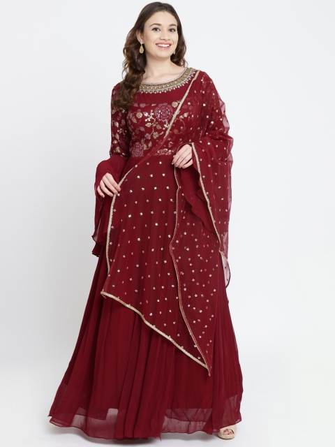 

Koskii Women Maroon Embellished Ethnic Maxi Dress with Dupatta