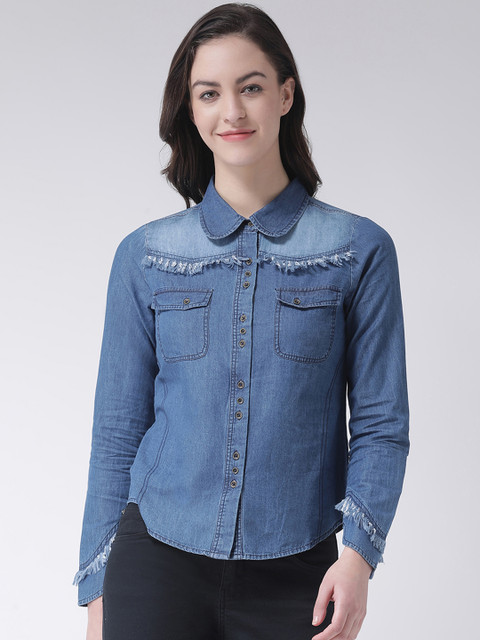 

Latin Quarters Women Blue Solid Denim Shirt Style Pure Cotton Top