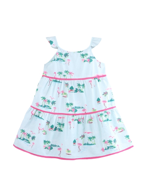 

Beebay Girls Blue & Green Tropical Printed A-Line Dress