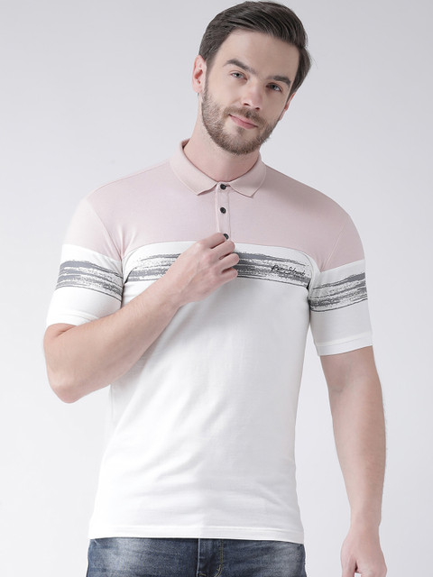 

Rex Straut Jeans Men Peach-Coloured Striped Polo Collar Slim Fit T-shirt