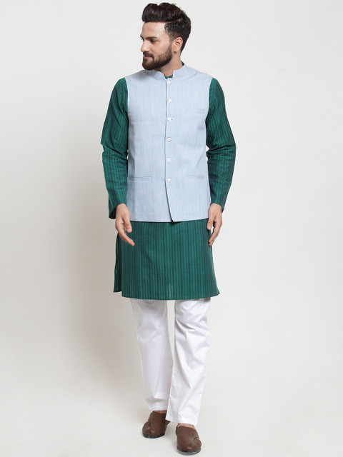 

NEUDIS Men Green & White Striped Kurta with Pyjamas & Nehru Jacket
