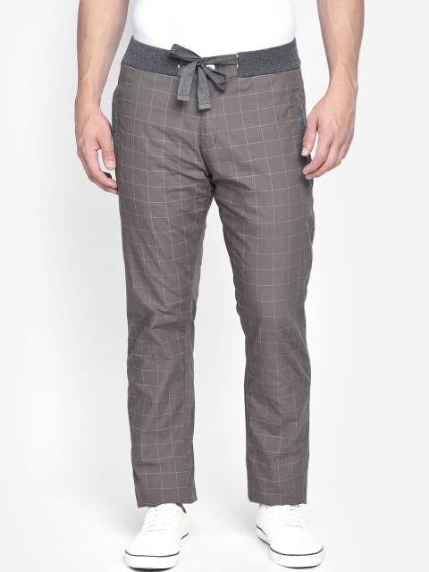

beevee Men Taupe & Grey Checked Straight-Fit Track Pant