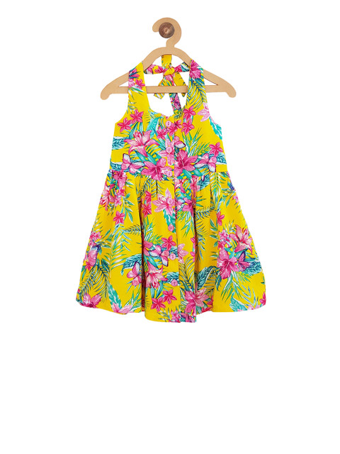 

Campana Girls Yellow & Pink Floral Print Fit and Flare Dress