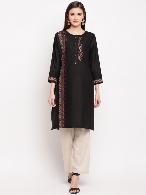 

Kvsfab Women Black Embroidered Straight Kurta