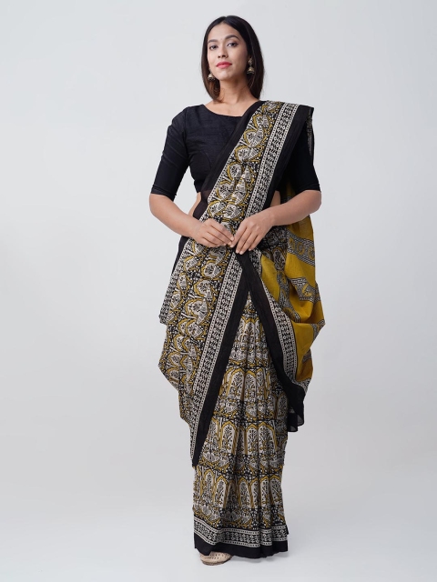 

Unnati Silks Black & Yellow Pure Cotton Printed Bagru Saree