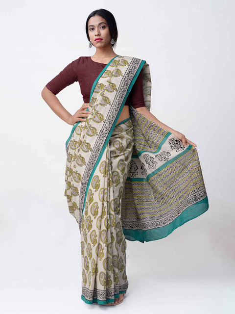 

Unnati Silks Cream-Coloured & Green Pure Cotton Printed Bagru Saree