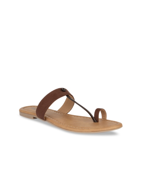 

SOLES Women Brown Solid Suede T-Strap Flats