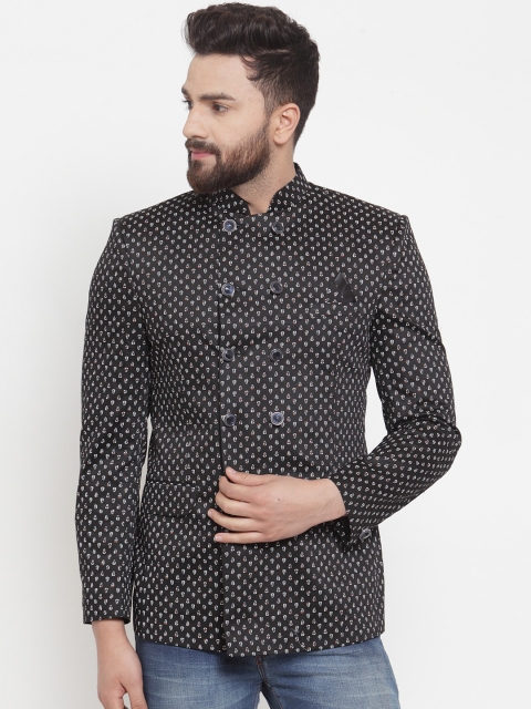 

KLOTTHE Men Black & Off-White Printed Slim-Fit Double-Breasted Bandhgala Blazer