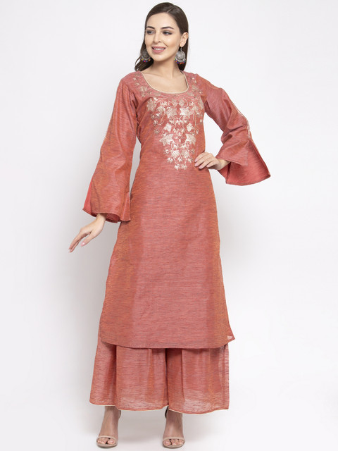 

Aujjessa Women Brown Embroidered Kurta with Sharara