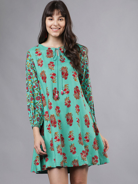 

Vishudh Women Sea Green & Red Printed A-Line Dress