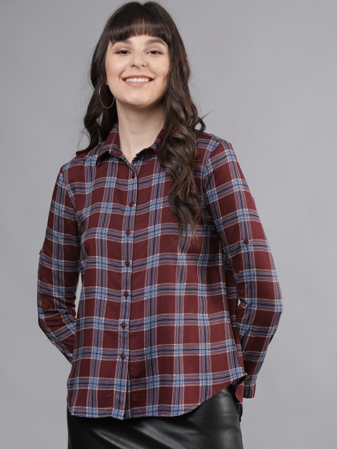 

Tokyo Talkies Women Burgundy & Blue Regular Fit Checked Casual Shirt