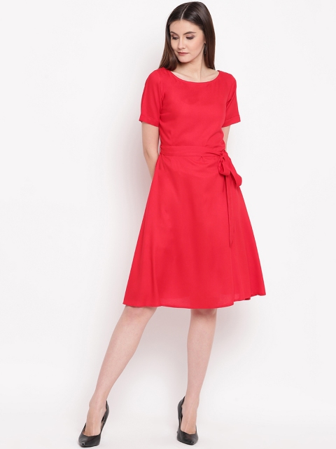 

FABNEST Women Red Solid Fit and Flare Dress