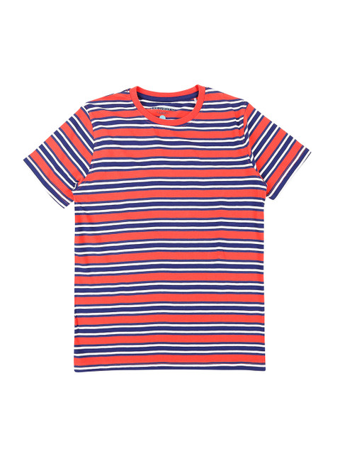 

Pantaloons Junior Boys Coral Orange & Navy Blue Striped Round Neck T-shirt