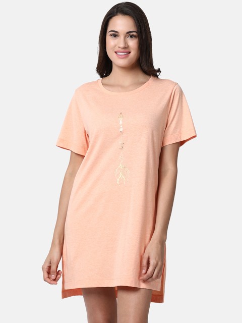 

Enamor Peach-Coloured Printed Detail Relaxed Fit Cotton T-shirt Nightdress