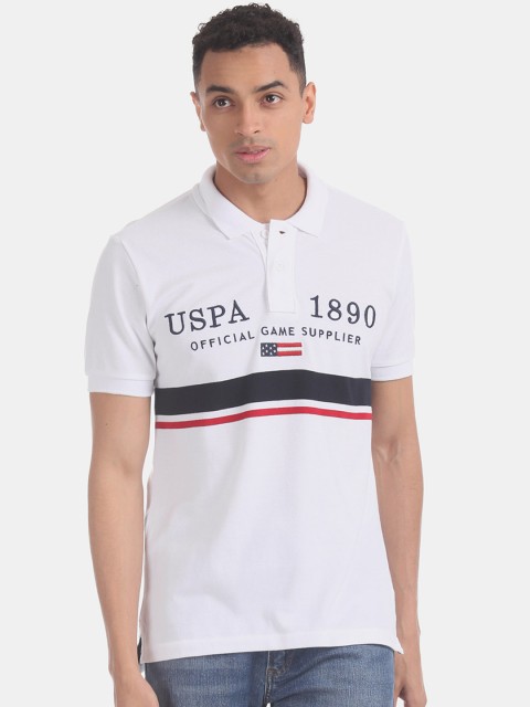 U.S. Polo Assn. Men White Striped Polo Collar Pure Cotton T-shirt