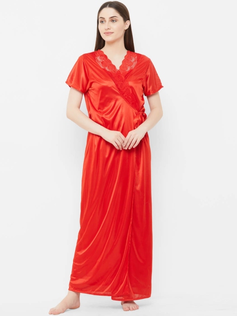 

FashionRack Red Solid Nightdress With Robe 2219