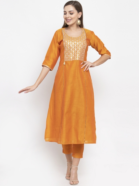 

Aujjessa Women Mustard Yellow Yoke Design Kurta with Trousers
