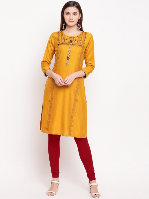 

Kvsfab Women Mustard Yellow & Brown Embroidered Straight Kurta