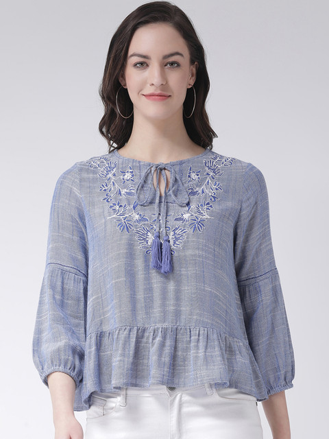 

Latin Quarters Women Blue Solid A-Line Top