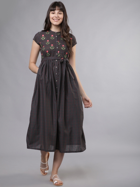 

Vishudh Women Charcoal Grey Checked With Floral Embroidered A-Line Dress With Belt
