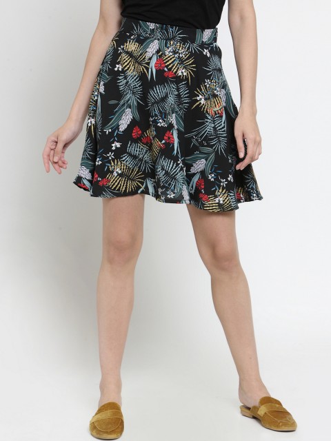 

Sera Black & Green Tropical Print Flared Mini Skirt