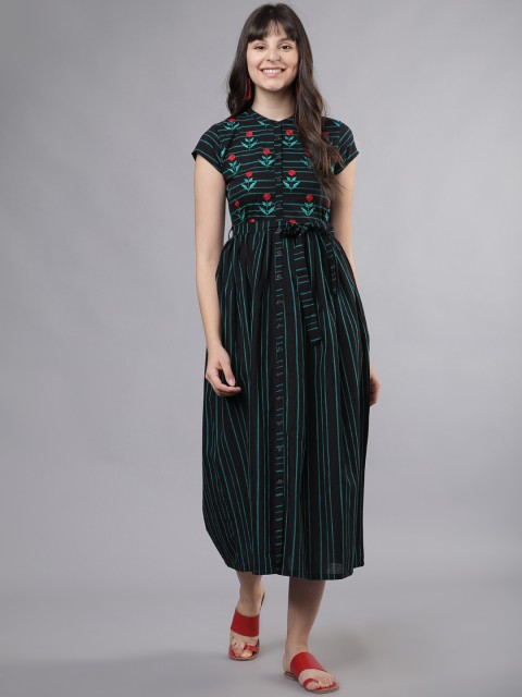 

Vishudh Women Black & Teal Green Floral Embroidered With Striped Shirt Dress