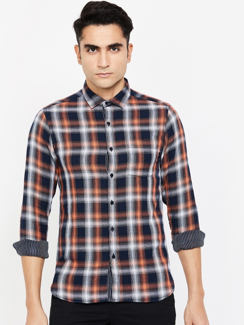 

Fame Forever by Lifestyle Men Navy Blue & Orange Slim Fit Checked Casual Shirt
