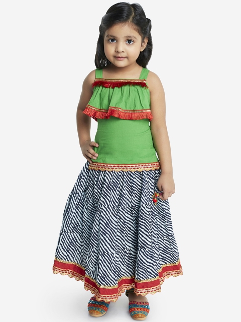 

KID1 Girls Navy Blue & Green Printed Ready to Wear Lehenga with Blouse