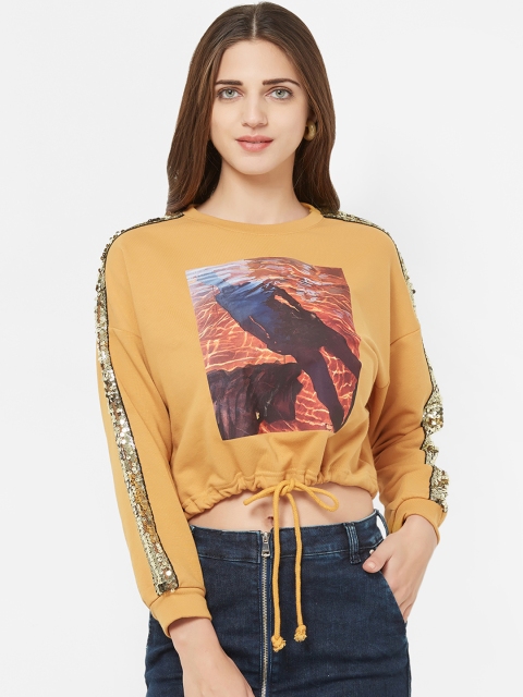 

bebe Women Mustard Yellow & Red Printed Cropped Sweatshirt