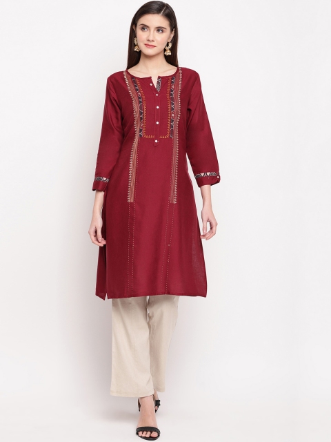 

Kvsfab Women Maroon Embroidered A-Line Kurta