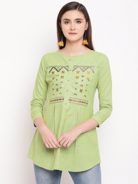 

Kvsfab Women Green Embroidered A-Line Kurti