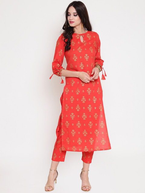 

Sera Women Red & Gold-Toned Printed Kurta with Trousers