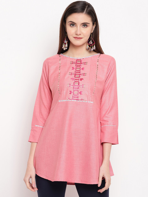 

Kvsfab Women Pink Embroidered A-line Kurti